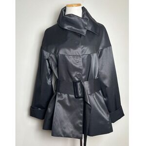 Kenar Womens Black Satin Dressy Coat Large Funnel Neck Structured Evening Jacket